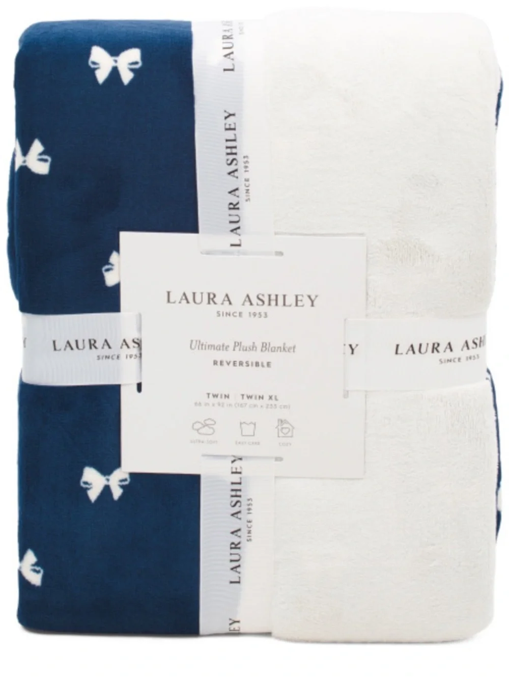Laura Ashley Navy & White Reversible Plush Blanket with Bow Motif